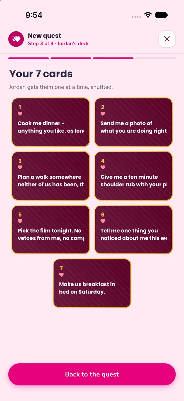 Writing a deck of seven cards for your partner